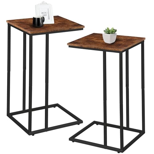 C Shaped Side Table Set of 2, Skinny Sofa Table for Sofa and Bed, Couch Tables That Slide Under, Small End Tables for Living Room, Bedroom or Small Spaces, Rustic Brown - color: Rustic Brown
