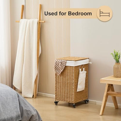Handwoven Hamper with Lid, Laundry Basket with Wheels, Machine Washable Liner, Clothes Hamper for Bathroom Laundry Room Bedroom(Rattan, 78L) - color: Rattan/With Lid/78L