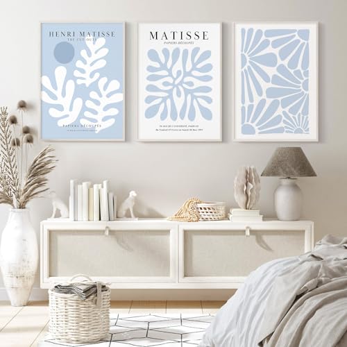 Henri Matisse Wall Art Prints Set of 3 Blue Abstract Matisse Canvas Wall Decor Aesthetic Preppy Wall Art Blue Matisse Posters Artwork Flower Minimalist Pictures for Room Bedroom 12x16 Inch Unframed - color: Blue Matisse Prints, size: 12x16 Inch Unframed
