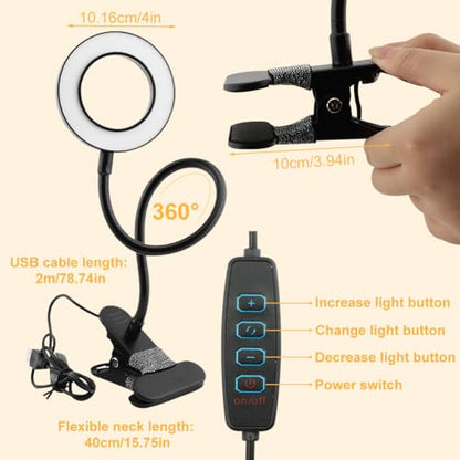 5X Magnifying Glass with Light, 3 Color Modes LED Desk Lamp, Clip on Lamp Lighted Magnifier, 360° Flexible Neck Magnifying Lamp for Workbench Craft Repair Sewing, USB Powered(Color:Black)