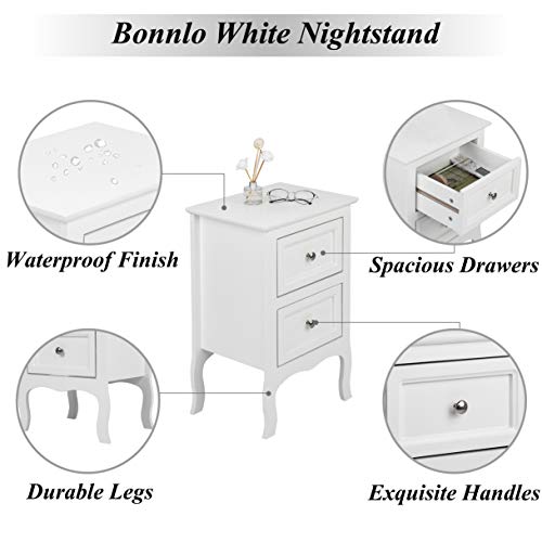 Bonnlo White Nightstand Set of 2, Nightstands with 2 Drawers, Bed Side Table/Night Stand, Small Nightstand for Bedroom, Small Spaces, College Dorm, Kids’ Room, Living Room, Wood, 16W x 12D x 24H - color: White