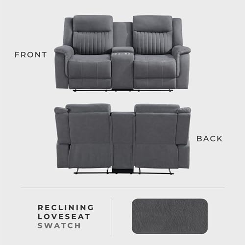 Lexicon 75" W Manual Double Reclining Loveseat with Center Console, Gray | Polished Microfiber Manual Wall Hugger Loveseat Recliner, Cup Holders, for Living Room, Tool Free Assembly - color: Grey, size: Reclining Loveseat