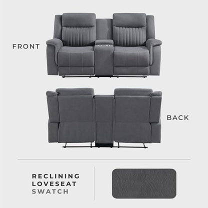 Lexicon 75" W Manual Double Reclining Loveseat with Center Console, Gray | Polished Microfiber Manual Wall Hugger Loveseat Recliner, Cup Holders, for Living Room, Tool Free Assembly - color: Grey, size: Reclining Loveseat