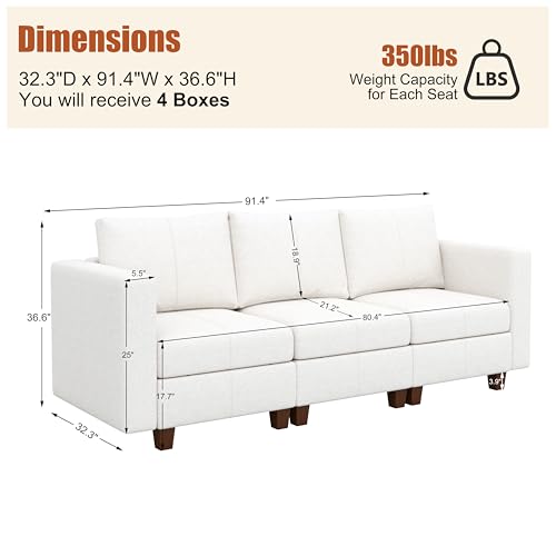 MINCETA Modular Sectional Sofa, Modern Comfy Sofa with Upholstered and Storage Ottoman for Living Room,Bedroom(White, 3 Seat Sofa) - color: White, size: 91.4"W*32.3"D
