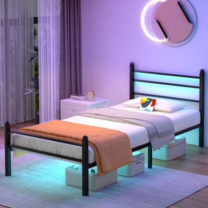 J.Fkne Metal Platform Twin Bed Frame with LED Lights, Charging Station, Headboard, Heavy Duty Slats, No Box Spring Required, Black - size: Twin, style: Retro