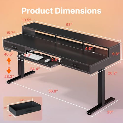 HUANUO 63″ x 26″ Electric Standing Desk with 2 Drawers &24.4″ Large Keyboard Tray, C-Clamp Mount Compatible, Adjustable Computer Desk for Office, Sit Stand Up Desk with 4 Height Presets, Black - color: Black, size: 63*26 inch
