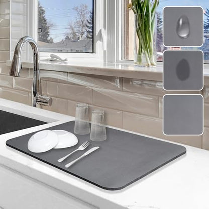 Dish Drying Mat for Kitchen Counter, 12"x19" Pad with Rubber Backed (Grey) | Hide Stain Anti Absorbent for Kitchen Counter, Non-slip Drying Mat for Coffee Machine Dish Rack - size: 12" x 19"
