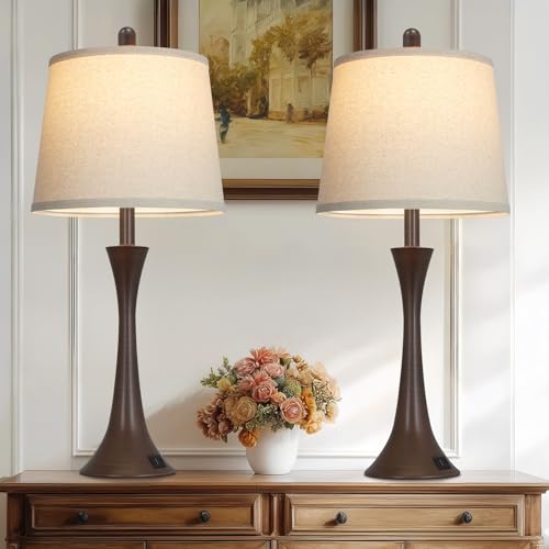 Rinweey 27.5" Table Lamps Set of 2, Touch Bedside Lamps with USB C+A Ports, 3 Way Dimmable Nightstand Lamps for Bedroom, Living Room, Office, Brown Lamp with Beige Lampshade, Bulbs Included - color: Brown