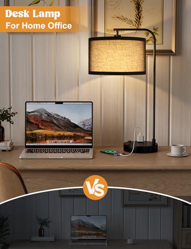 Innqoo Black Table Lamp for Bedroom with USB Port and Outlet, Dimmable Nightstand Bedside Lamps with Linen Lampshade, Desk Lamp for Home Office, Living Room, Guest Room, LED Bulb Included - color: G-Black Shade & Black Base