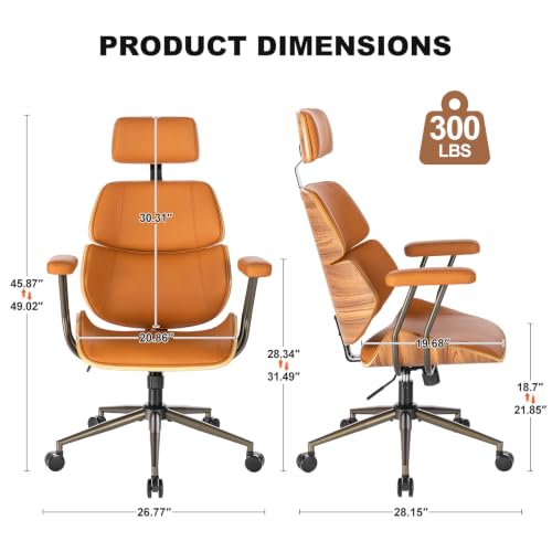 Mid Century Walnut PU Leather High Back Office Chair with Headrest, Brown | Curved walnut back & seat, high-back with headrest, PU leather, padded armrests, executive swivel & rolling for home office - color: Brown, size: 2-Section Back / Headrest