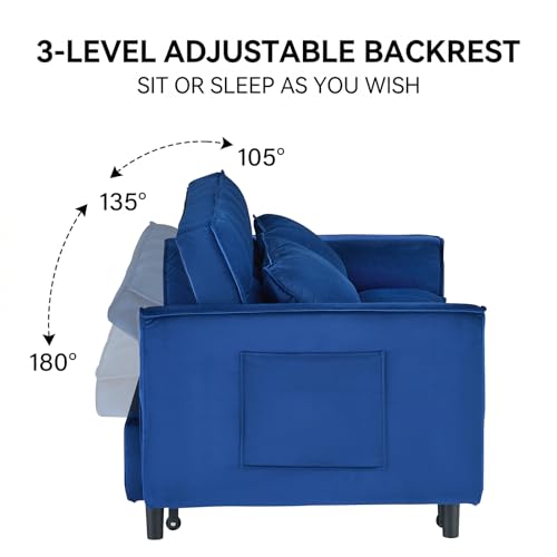 3 in 1 Convertible Sleeper Sofa Bed, Velvet Loveseat Futon Pull-Out Couch with Adjustable Reclining Backrest, Side Pockets and Pillows for Living Room, Bedroom, Apartment, Small Spaces (Blue-Velvet) - color: Blue-velvet
