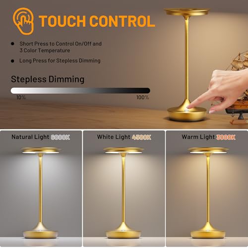 LED Rechargeable Cordless Outdoor 6000mAh Battery Table Lamp 2-Pack Gold | Portable Waterproof 3 Color Stepless Dimmable Lights Memory Function for Patio Restaurant Bar Dining Room - color: 2Pack Gold