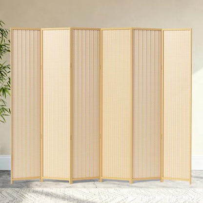 6 Panel Bamboo Room Divider, Folding Privacy Screen, Natural | Pine wood frame, dual-action stainless steel hinges, 5.6FT tall, extends to 94.5 inches wide, no assembly - color: Natural, size: 6 Panel