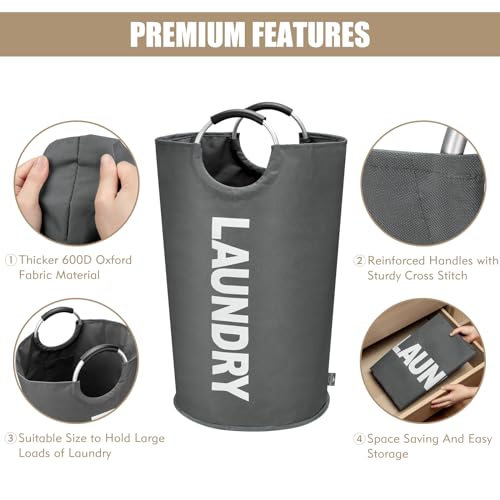 DOKEHOM 90L Large Laundry Basket Bag, Collapsible Tall Hamper, Dark Grey | Freestanding tall washing bin & foldable laundry bag. High-capacity clothes storage basket with durable sturdy handles - color: Dark Grey, size: 90L