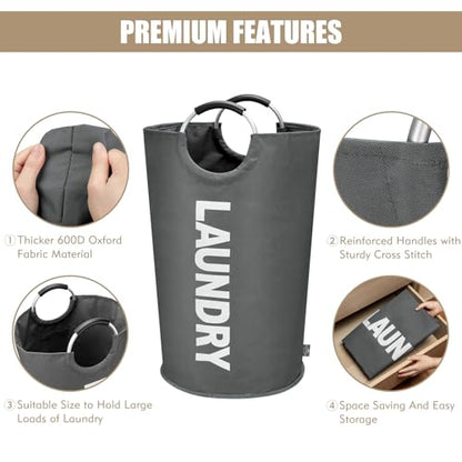 DOKEHOM 90L Large Laundry Basket Bag, Collapsible Tall Hamper, Dark Grey | Freestanding tall washing bin & foldable laundry bag. High-capacity clothes storage basket with durable sturdy handles - color: Dark Grey, size: 90L