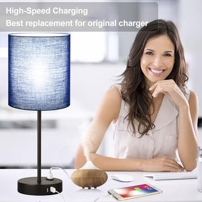 Lynnoland 2 Pack Touch Control Table Lamps with 2 USB & AC Outlet, 3-Way Dimmable Bedside Nightstand Lamps for Bedroom Living Room Nursery, 800 Lumens 5000K Daylight Bulbs Included - color: (2 Pack)Navy Blue & Black(Base)-5000K Bulbs Included