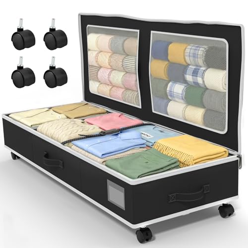 GoMaihe Under Bed Storage with Wheels: 70L Rolling Bins for Wrapping Paper Storage, Toys, Clothes - Includes Mesh Bag & Adjustable Dividers, Metal Frame Easy Pull-out Black 1-Pack - color: Black
