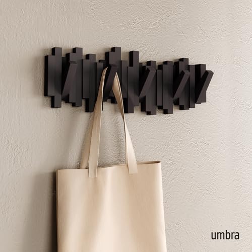 Umbra Sticks Wall Mount Coat Rack, 5 Hook Retractable Pegs, Espresso | Mounting hardware included, sculptural modern design, entryway or bedroom use, recycled plastic - color: Espresso, size: 5-Hook