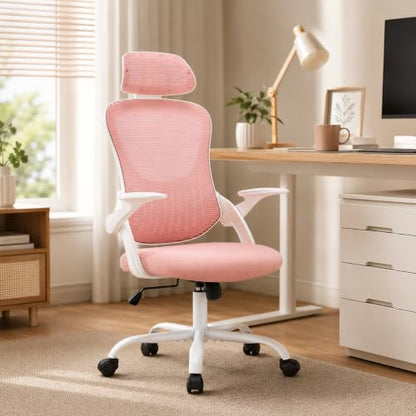 Pink Ergonomic Office Chair, High Back Mesh Desk Chair with Adjustable Headrest Lumbar Support, Computer Chairs with Flip-up Armrests and Thickened Cushion for Adults Home Office, 360° Swivel - color: Pink With Headrest