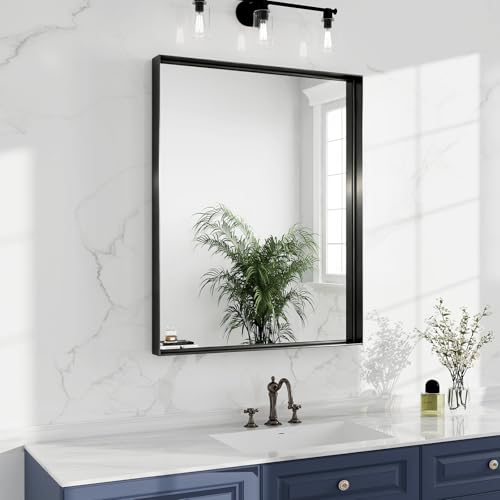 30x20 Black Bathroom Mirrors for Over Sink, Wall Mounted Bathroom Vanity Mirror, HD Distortion-Free Tempered Glass, Anti-Rust Brushed Matte Aluminum Alloy Frame, Horizontal or Vertical Hanging - size: 30"L x 20"W