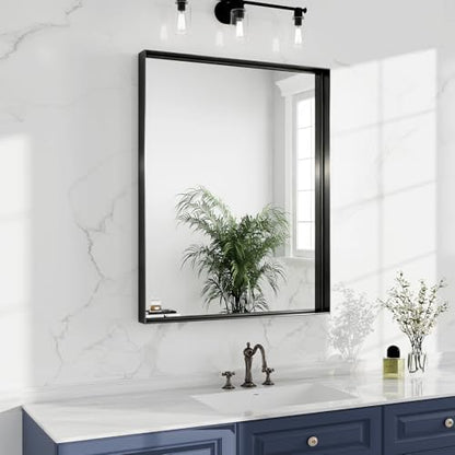 30x20 Black Bathroom Mirrors for Over Sink, Wall Mounted Bathroom Vanity Mirror, HD Distortion-Free Tempered Glass, Anti-Rust Brushed Matte Aluminum Alloy Frame, Horizontal or Vertical Hanging - size: 30"L x 20"W