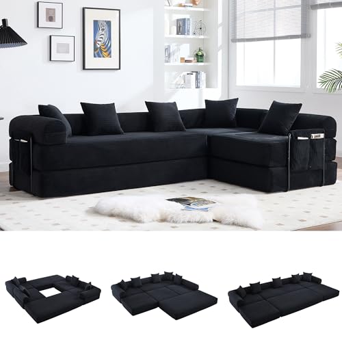 L-Shape Modular Sectional Sofa Bed, Corduroy Boneless Couch, Black | Boneless Couches for Living Room, Sleeper Futon Sofa Bed, Modular Couch with Storage, Pull Out Couch, No Assembly Required - color: Black