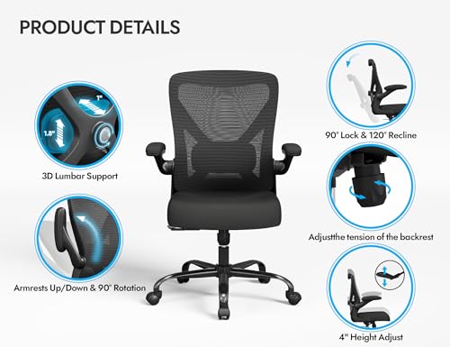Office Chair: 330LBS Mesh Ergonomic Desk Chair Comfy with 3D Lumbar& Swivel | Ergalithic Computer Chair-Executive Task Chairs with Flip-up Arms Home Office Desk Chairs Gaming Chair for Adults(Full Black) - color: Full Black, size: Pack of 1