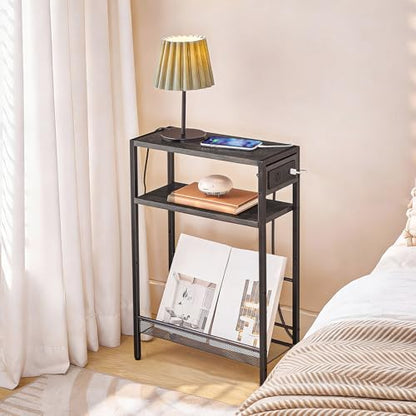HOOBRO Small Narrow Side Table with Charging Station, Skinny End Table for Small Spaces, Slim Nightstand with USB Ports Outlet, Sofa Beside Table with Storage Shelf, Charcoal Black BC102UBZ01 - color: Charcoal Black + Black