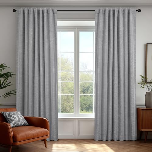 Deconovo Faux Linen 100% Blackout Curtains with Hidden Tabs & Pleat Tape, Tiebacks Included, Thermal Insulated Noise-Reducing Drapes for Bedroom & Living Room, Light Grey, 50W x 84L, 2 Panels - color: Linen Total Blackout - Grey, size: 50"W x 84"L (Pack o