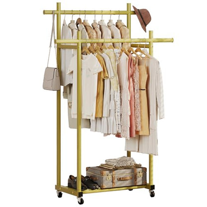 Lutown-Teen Metal Clothes Rack with Lockable Wheels, Double Rods, Gold | Clothing Rack Heavy Duty with Storage Rods, 150 LB Capacity Garment Rack, Easy Assembly - color: Gold, size: Double Rods