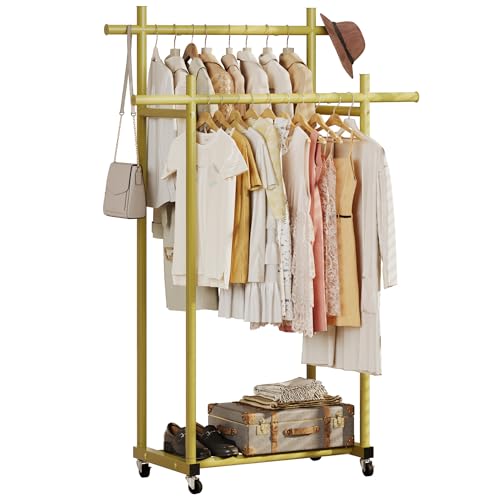 Lutown-Teen Metal Clothes Rack with Lockable Wheels, Double Rods, Gold | Clothing Rack Heavy Duty with Storage Rods, 150 LB Capacity Garment Rack, Easy Assembly - color: Gold, size: Double Rods