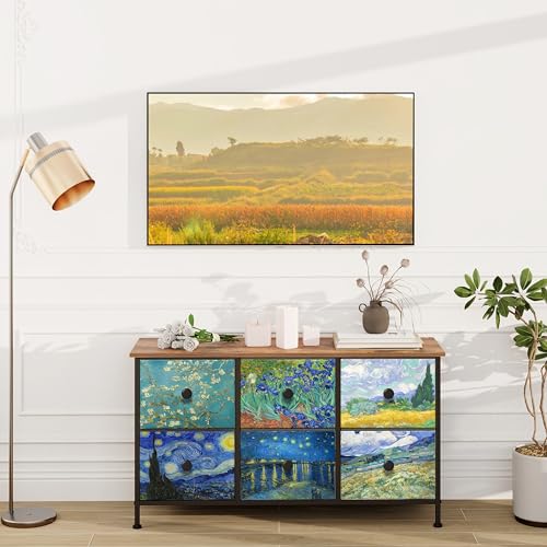 EXOTICA 6 Drawer Dresser for Bedroom Van Gogh Chest of Drawers Wide TV Stands Fabric Storage Drawer Unit for Living Room Entryway Closet Sturdy Steel Frame Wood Top - size: 39"D x 11.8"W x 21.7"H (6 Drawers)