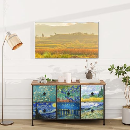 EXOTICA 6 Drawer Dresser for Bedroom Van Gogh Chest of Drawers Wide TV Stands Fabric Storage Drawer Unit for Living Room Entryway Closet Sturdy Steel Frame Wood Top - size: 39"D x 11.8"W x 21.7"H (6 Drawers)