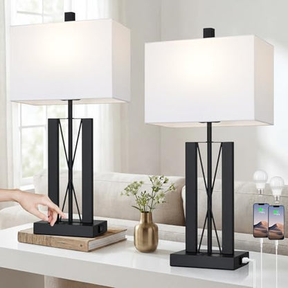 Lolikit 25" Table Lamps for Living Room Set of 2, Modern Table Lamp with 2 USB Charging Ports, Nightstand Geometric Bedside Lamp with White Shade for Bedroom End Table Desk Office(2 LED Bulb Included) - color: White - 25"H