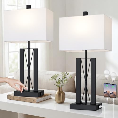Lolikit 25" Table Lamps for Living Room Set of 2, Modern Table Lamp with 2 USB Charging Ports, Nightstand Geometric Bedside Lamp with White Shade for Bedroom End Table Desk Office(2 LED Bulb Included) - color: White - 25"H