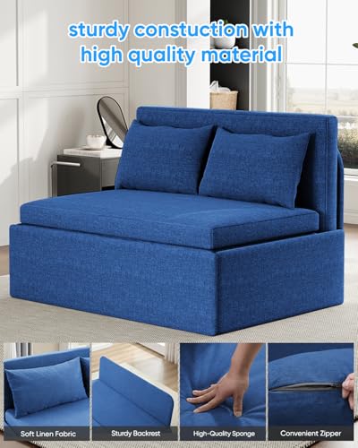 43.3" Twin Size Pull Out Sofa Bed，3-in-1 Linen Convertible Sleeper Sofa Bed,Loveseat Pullout Bed with Pillows and Tri-fold Mattress for Small Space/Bedroom,Dark Blue - color: Dark Blue, size: Twin