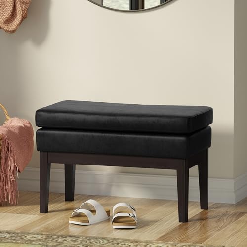 SIMPLIHOME Carlson 27" Wide Woven Fabric Rectangle Ottoman in Black | Mid-century modern ottoman with a padded seat for extra seating in the bedroom or living room; footstool, footrest. - color: Distressed Black, style: Small Ottoman Bench