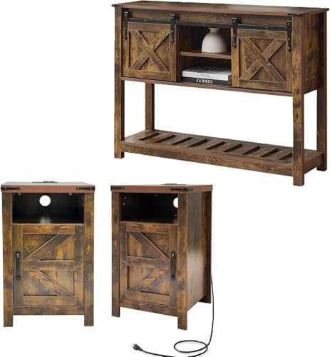 Farmhouse Entryway Table Set of 3, Console Table with Storage and 2 End Tables, Rustic Sofa Table Set for Living Room, Hallway, Bedroom, Brown - color: 3pcs-brown