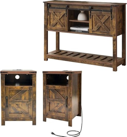 Farmhouse Entryway Table Set of 3, Console Table with Storage and 2 End Tables, Rustic Sofa Table Set for Living Room, Hallway, Bedroom, Brown - color: 3pcs-brown