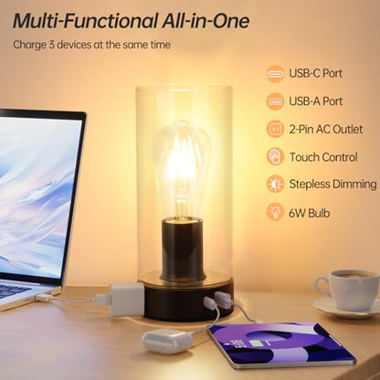 Shenmoyl Industrial Bedside Lamp with USB-A+C Charging Ports & AC Outlet, Small Touch Control Dimmable Table Lamp with Black Base Glass Shade for Bedroom, Nightstand, Dorm, Office, Desk - color: Black