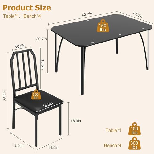 IDEALHOUSE Dining Table Set for 4, Kitchen Table Set of 4 with Upholstered Cushion Chairs, Dining Room Table Set for 4 with Kitchen Chairs, Easy to Assemble, Suitable for Apartment - (Glass Dark) - size: 1* Table + 4* Chairs (Glass Dark)