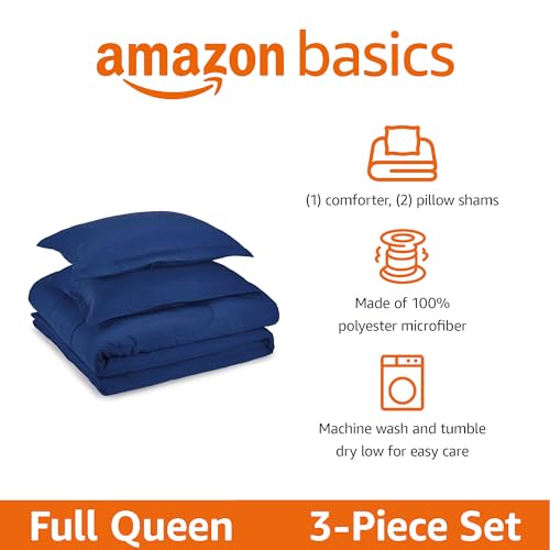 Amazon Basics 3-Piece Soft Microfiber Kid's Comforter and Pillow Sham Set, Full/Queen, Navy, Solid - color: Navy, size: Full/Queen