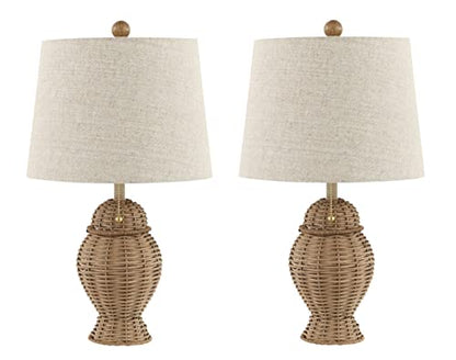 JONATHAN Y 20.5" Wicker Table Lamp, Natural with Beige Shade, Set of 2 | Margie Bohemian Rustic Farmhouse Coastal Urn Rattan Metal, Pull Chain Switch, Linen, LED Bulbs Included - color: Natural