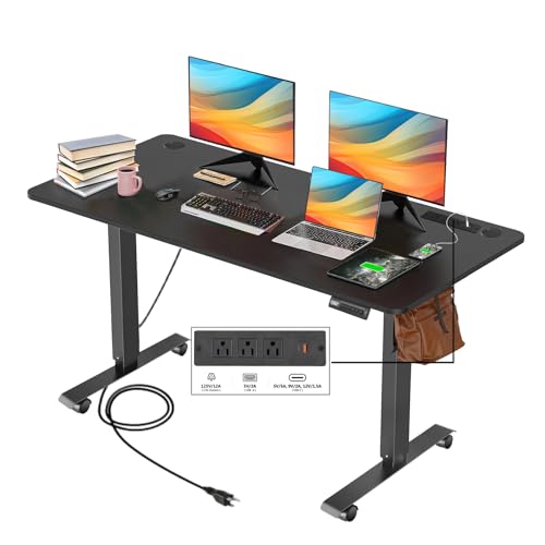 Electric Standing Desk, 55x24in Adjustable Height Computer Desk with Wheels, Sit-Stand Desk with Charging Station, 2 USB Ports, 3 Power Outlets, Spacious Workstation for Home Office(Black) - color: Black, size: 55 x 24''