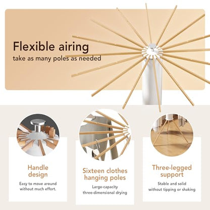 Foldable Tripod Clothes Drying Rack,Beechwood & Portable Laundry Stand, Space-Saving Collapsible Hanger with 16 Arms for Indoor & Outdoor Drying – Easy Setup, Stable Base, Fast Air-Drying Design