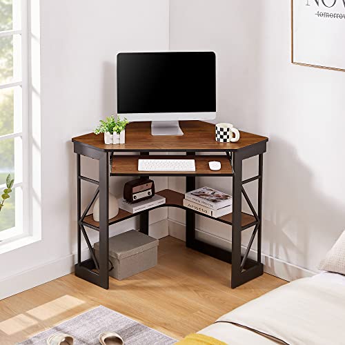 VECELO Desk, Corner Tables for Living Room for Small Space Triangle Computer Desk with Steel Frame Corner Shelves with Metal Frame Writing Desk for Workstation Brown 41"