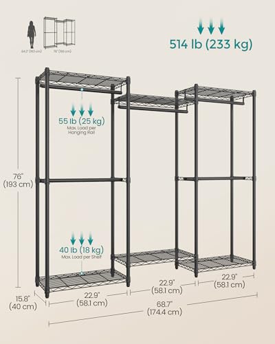 SONGMICS Heavy-Duty Clothes Rack, Garment Rack, Portable Closet, 68.7-Inch Wide Clothing Rack with Adjustable Mesh Shelves and Hanging Rails, Ink Black ULGR433B01 - color: Ink Black, size: 68.7"L x 76"H, style: Without Fabric Cover