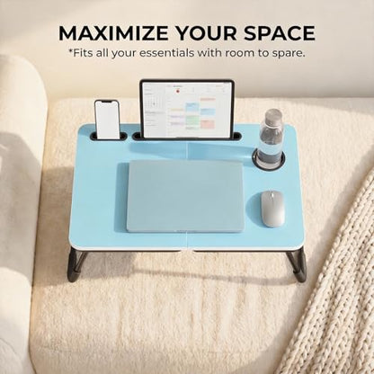 BUYIFY 23.4" Foldable Lap Desk Bed Table with Cup Holder Tray Blue | Portable Folds Flat for Easy Storage, No Assembly Laptop Bed Desk, Sturdy and Lightweight, Patent Design - color: Blue