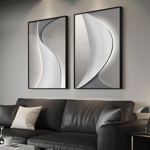2 Piece Large Framed Modern Wall Art for Living Room, Abstract Minimalist Artwork Prints, Contemporary Silver Gray Wave Line Picture Paintings Decor for Bedroom Dining Room Office 24x36 Inch - color: Silver and Gray, size: 24" W x 36" H x 2Pcs
