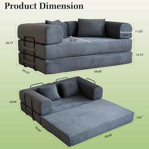 Convertible Sleeper Sofa Bed with Cylindrical Pillows, Corduroy Folding Mattress Couch, Fixed-Shape Metal Frame,Floor Lounge Loveseat for Living Room,Bedroom,Apartment,Guest Space (Grey,Loveseat) - color: Grey, size: 59.06"L x 35.43"W x 26.77"H